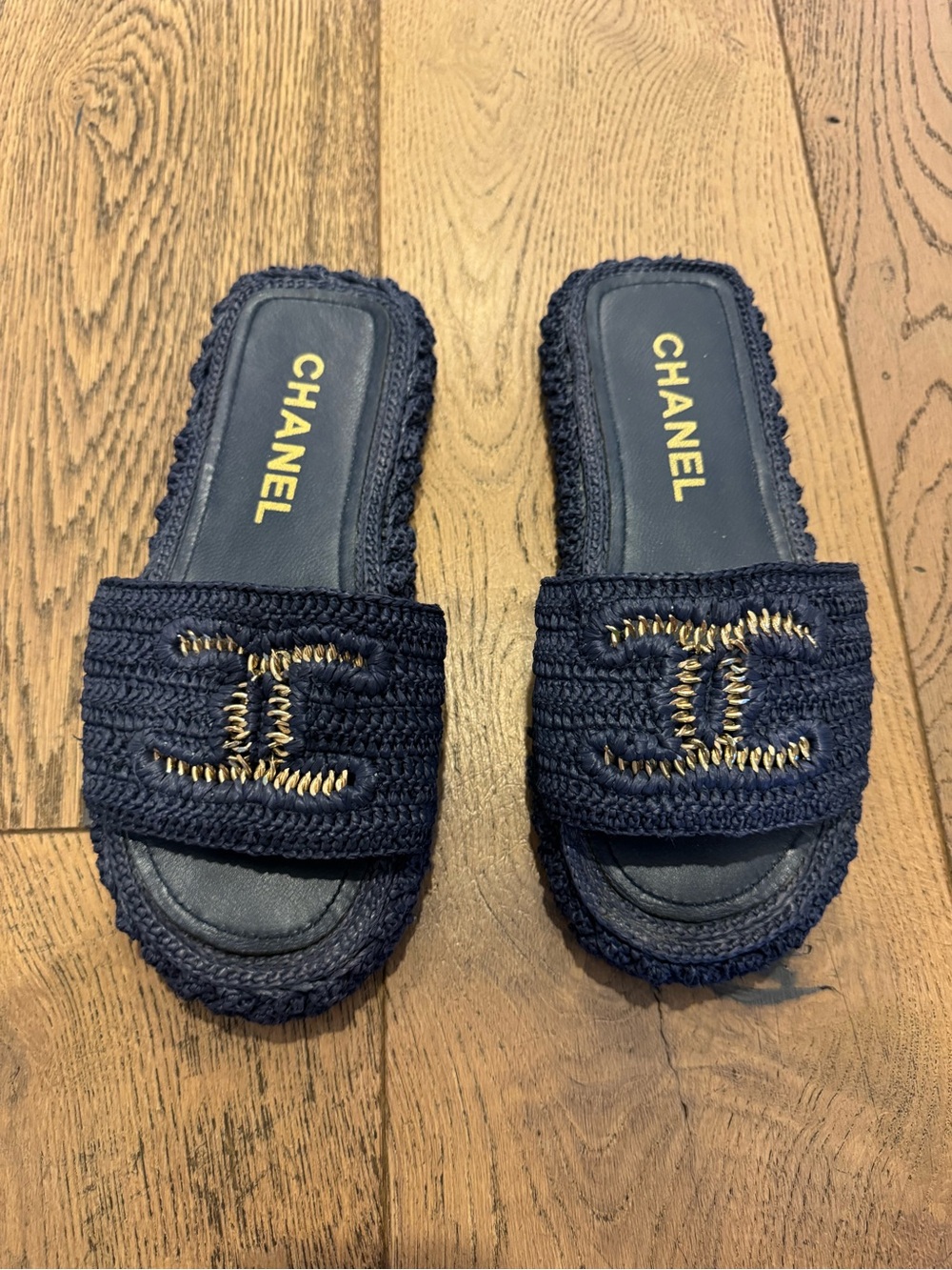 CHANEL Navy Raffia Slide Sandals with Gold CC Embroidery size 10